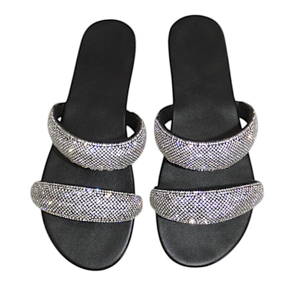 Rhinestone Double Strap Black Slide Spa Pool Sandals Blingcore Y2K Glam EU 38 - Picture 2 of 11